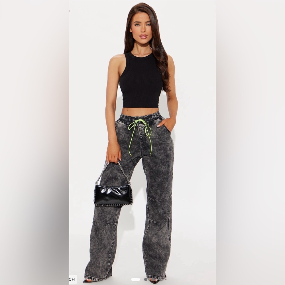 NEW - Fashion Nova Black Acid-Wash Straight Leg Jeans with Neon Drawstring